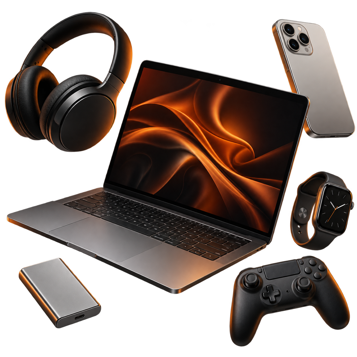 Floating laptop, smartphone, headphones, smartwatch, controller and portable storage